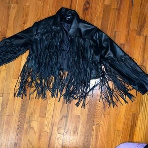Black Faux Leather Fringe Cropped Jacket
 
Size: 10